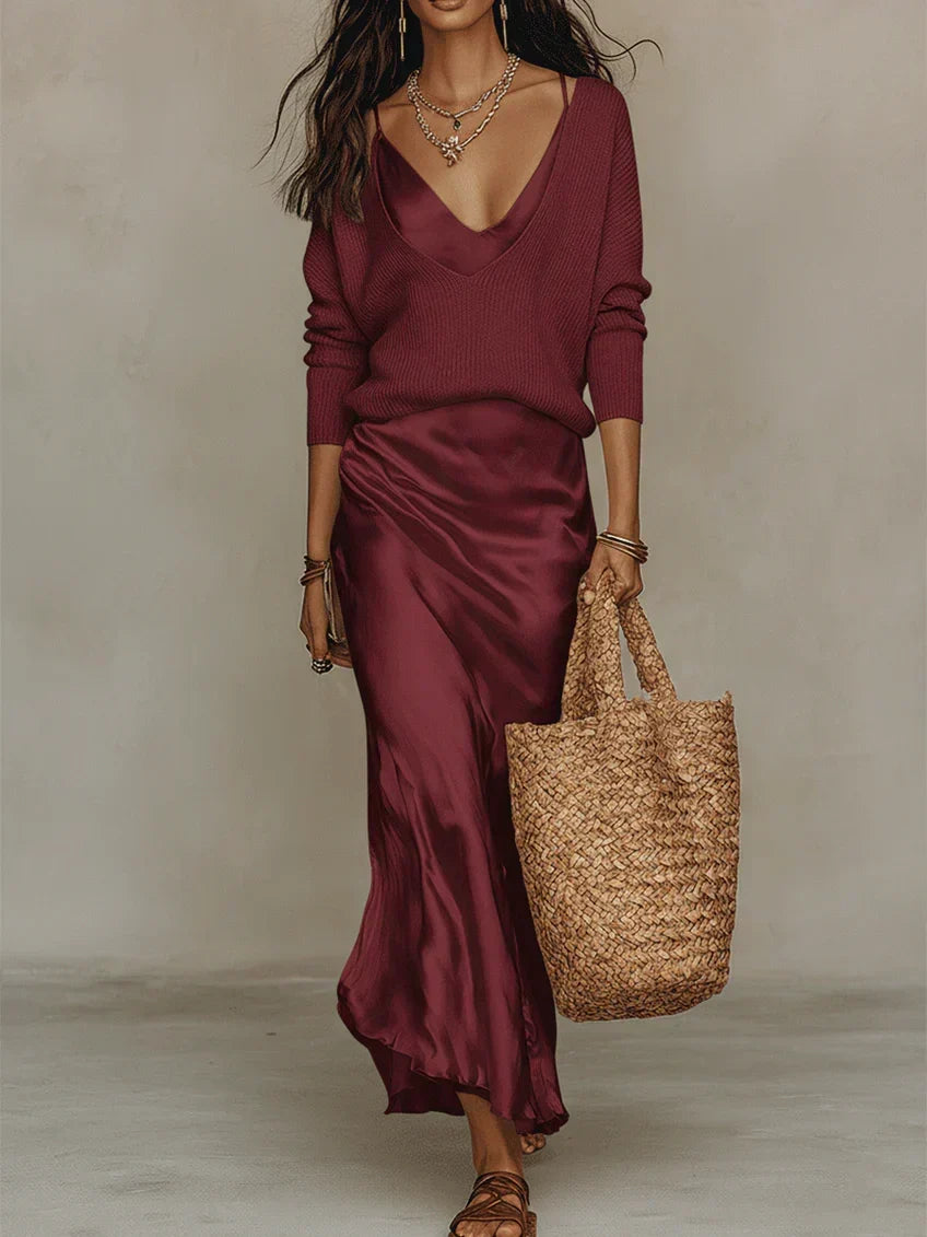 Solène | Chic Slip Dress with Cozy Knit Set