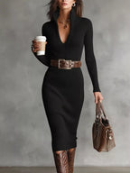 Isabella |  Elegant Ribbed Knit Turtleneck Midi Sweater Dress