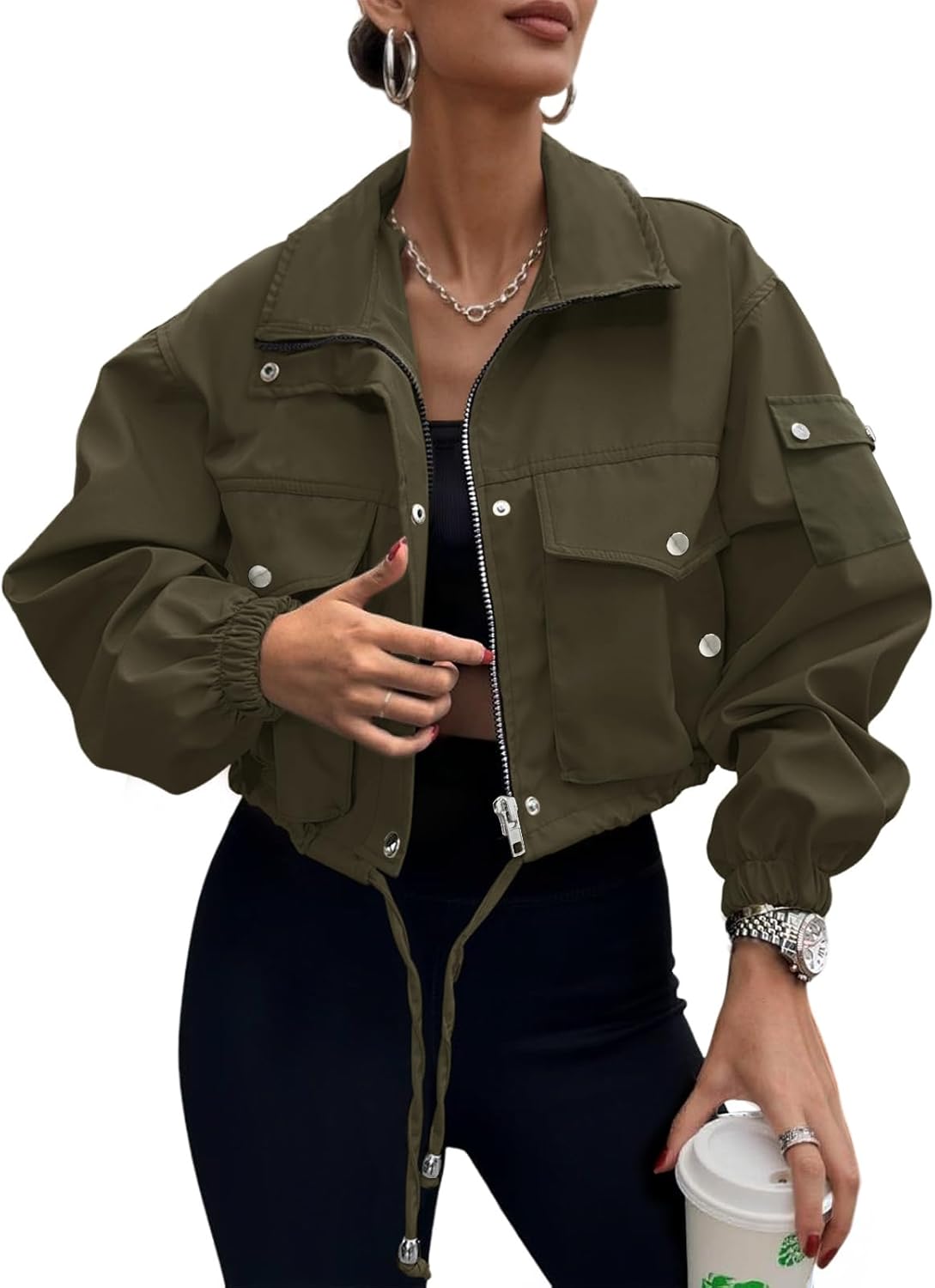 E&S Womens Cropped Bomber Jacket Zip Up Lightweight Utility Anorak Coat