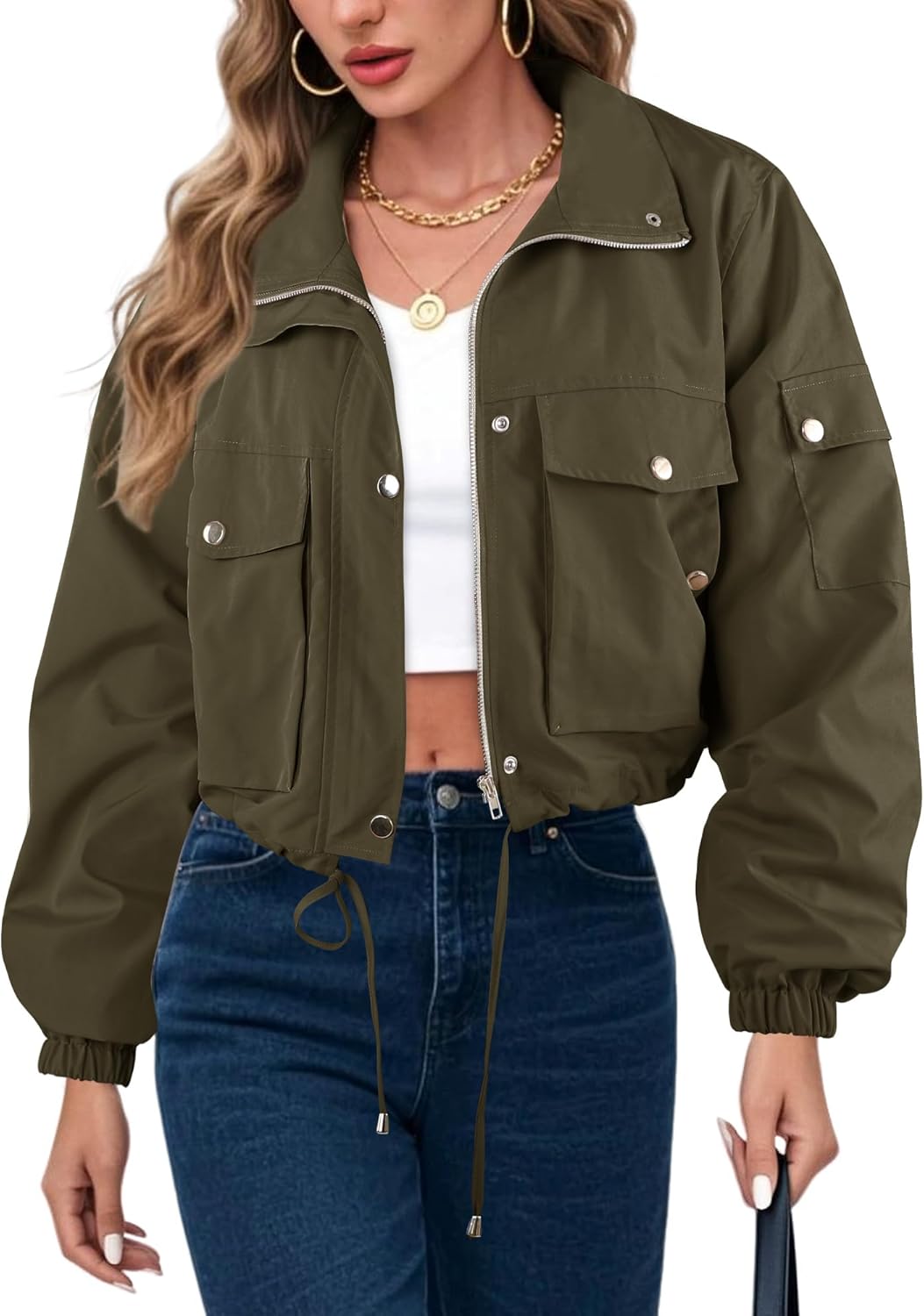 E&S Womens Cropped Bomber Jacket Zip Up Lightweight Utility Anorak Coat