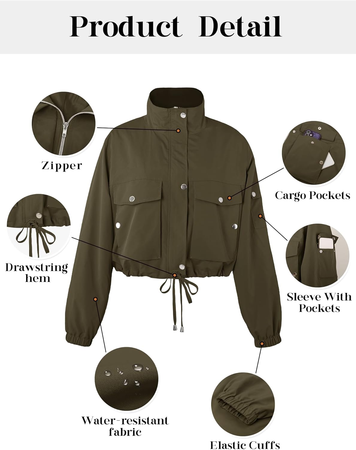 E&S Womens Cropped Bomber Jacket Zip Up Lightweight Utility Anorak Coat