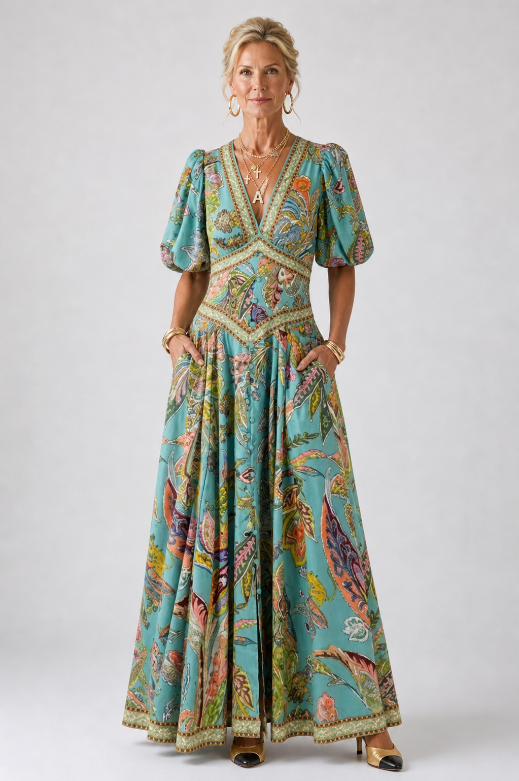 Stella & Grace™ | Airy maxi dress with puff sleeves and V-neck