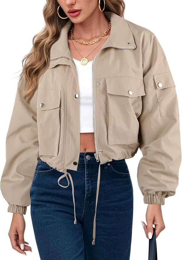 E&S Womens Cropped Bomber Jacket Zip Up Lightweight Utility Anorak Coat