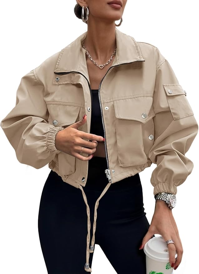 E&S Womens Cropped Bomber Jacket Zip Up Lightweight Utility Anorak Coat