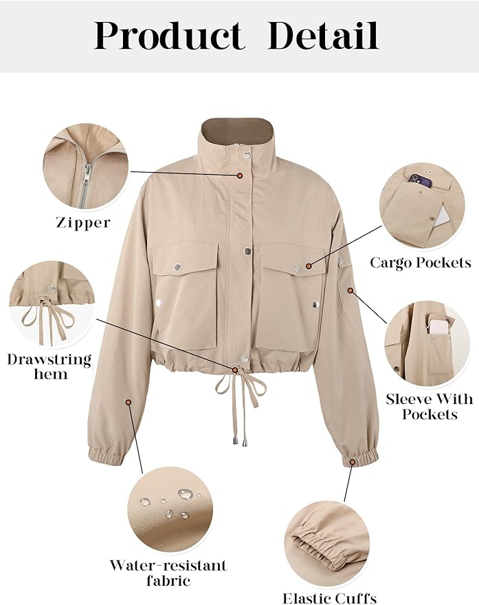 E&S Womens Cropped Bomber Jacket Zip Up Lightweight Utility Anorak Coat