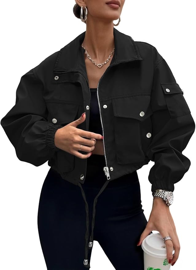 E&S Womens Cropped Bomber Jacket Zip Up Lightweight Utility Anorak Coat