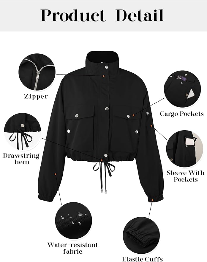 E&S Womens Cropped Bomber Jacket Zip Up Lightweight Utility Anorak Coat