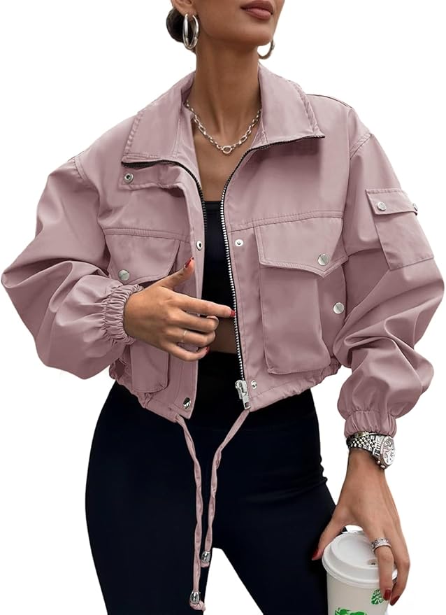 E&S Womens Cropped Bomber Jacket Zip Up Lightweight Utility Anorak Coat