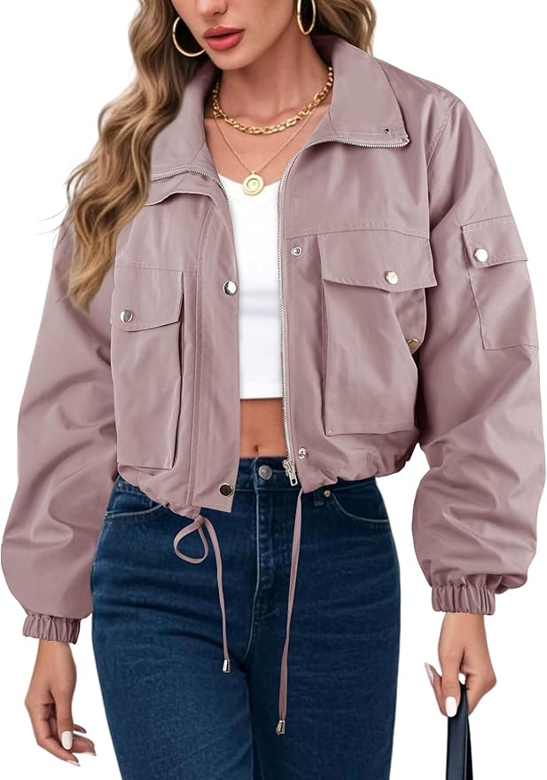 E&S Womens Cropped Bomber Jacket Zip Up Lightweight Utility Anorak Coat