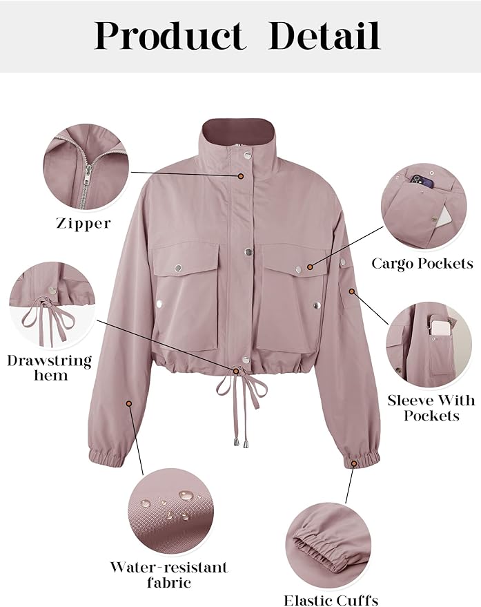 E&S Womens Cropped Bomber Jacket Zip Up Lightweight Utility Anorak Coat