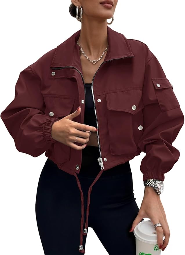 E&S Womens Cropped Bomber Jacket Zip Up Lightweight Utility Anorak Coat