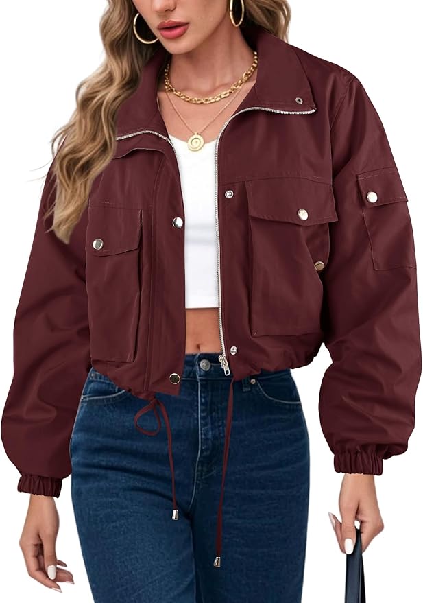E&S Womens Cropped Bomber Jacket Zip Up Lightweight Utility Anorak Coat