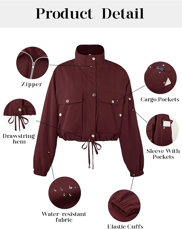 E&S Womens Cropped Bomber Jacket Zip Up Lightweight Utility Anorak Coat