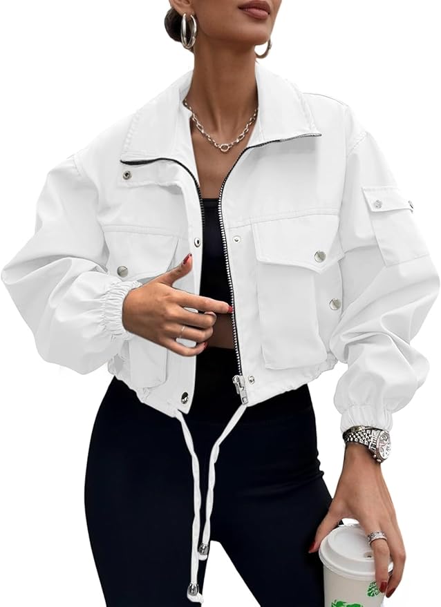 E&S Womens Cropped Bomber Jacket Zip Up Lightweight Utility Anorak Coat