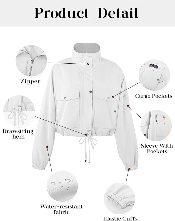 E&S Womens Cropped Bomber Jacket Zip Up Lightweight Utility Anorak Coat